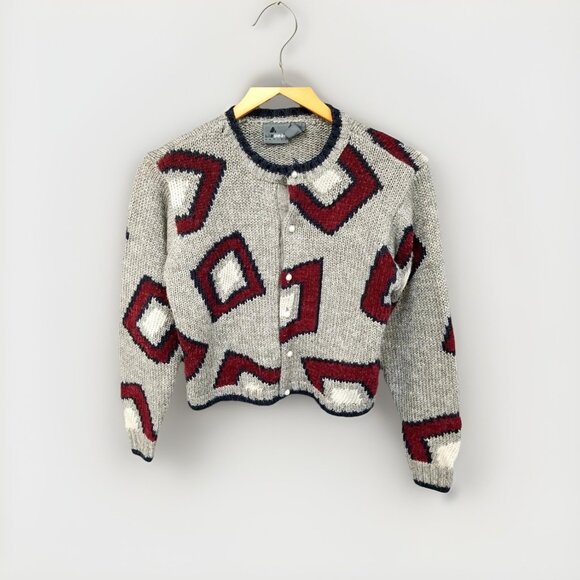 Liz Wear Vtg Geometric Cropped Cardigan Sweater Size SP 80s 90s Petite Retro - Picture 1 of 3